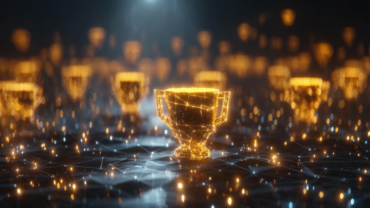 A mesmerizing array of glowing trophy shapes connected by a network of shimmering lights, creating an electric atmosphere of celebration and achievement in a digital landscape