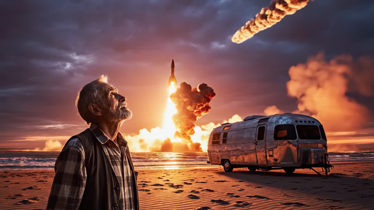 Man watches rocket launch from beach next to RV