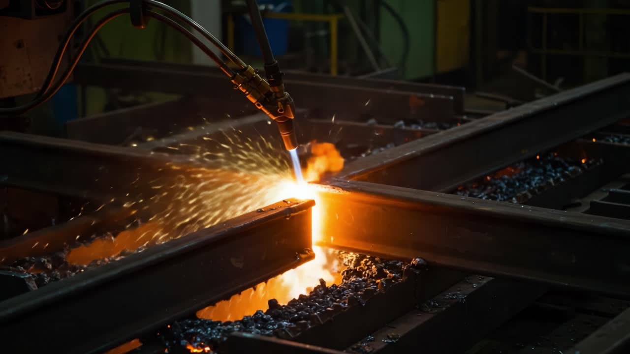 High-Temperature Metal Fabrication: A Welder Creates Sparks and Heat in a Dynamic Industrial Setting with Precision Torch Control and Fuming Interaction