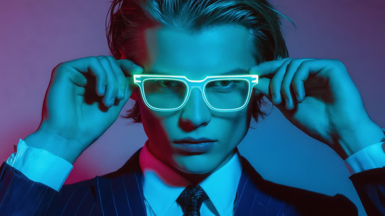 Působivý portrét stylového jedince v neonových brýlích na živém pozadí, který prezentuje jedinečnou kombinaci moderní módy a uměleckých technik osvětlení