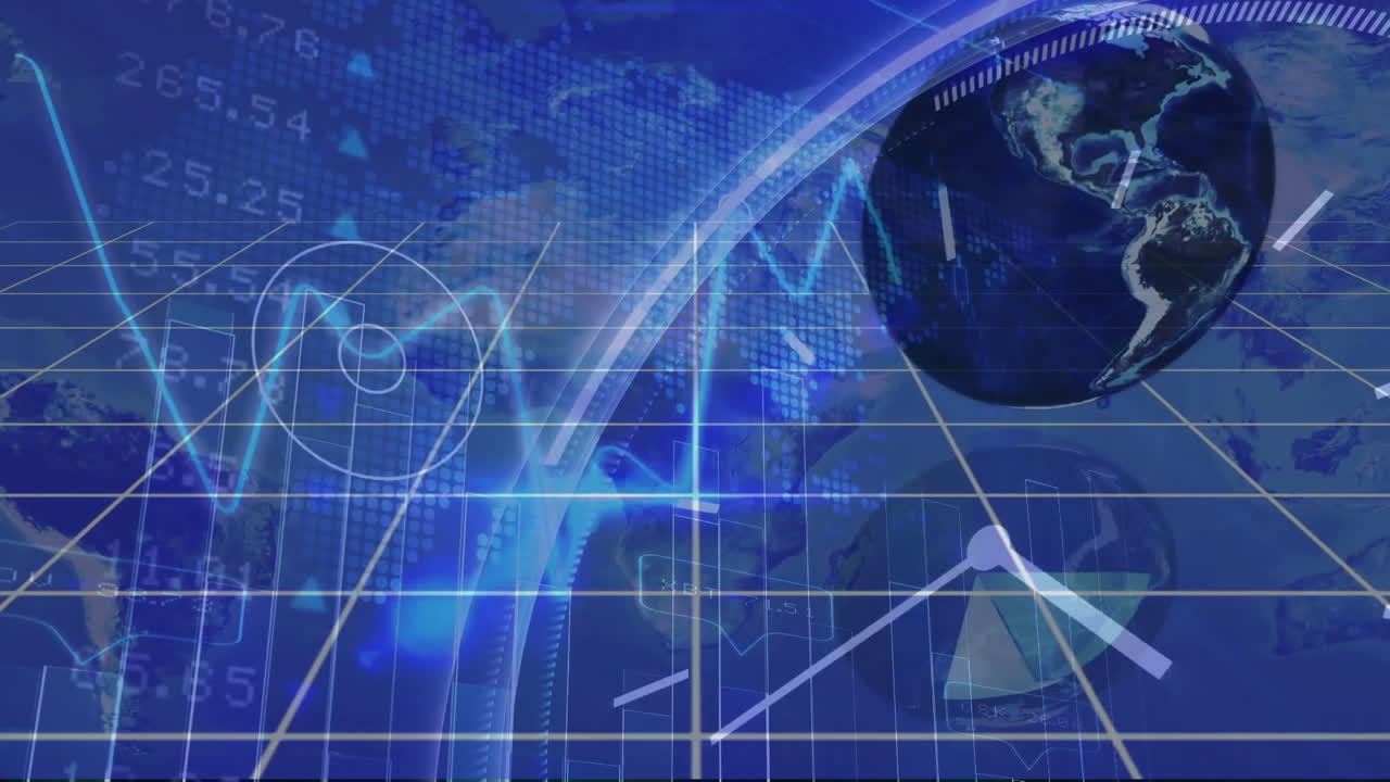 Abstract digital grid and globe with data processing animation in blue tones