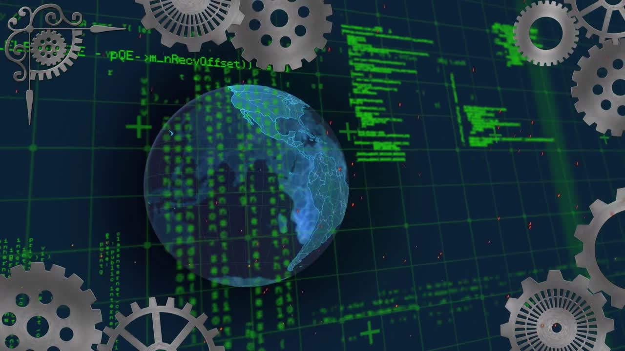 анимация глобуса и зубчатых колес при обработке данных на черном фоне