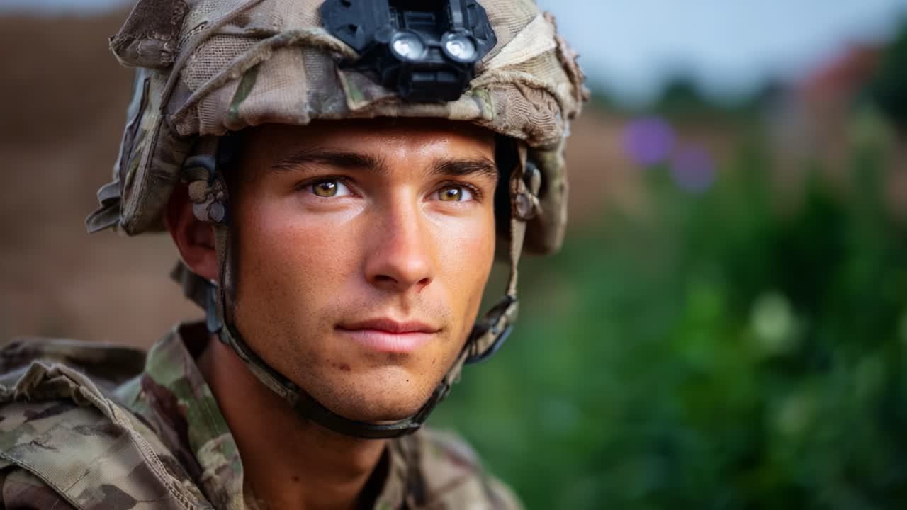 Un giovane soldato in uniforme riflette sul dovere e sul coraggio su uno sfondo sereno, mostrando risolutezza e impegno nel servizio