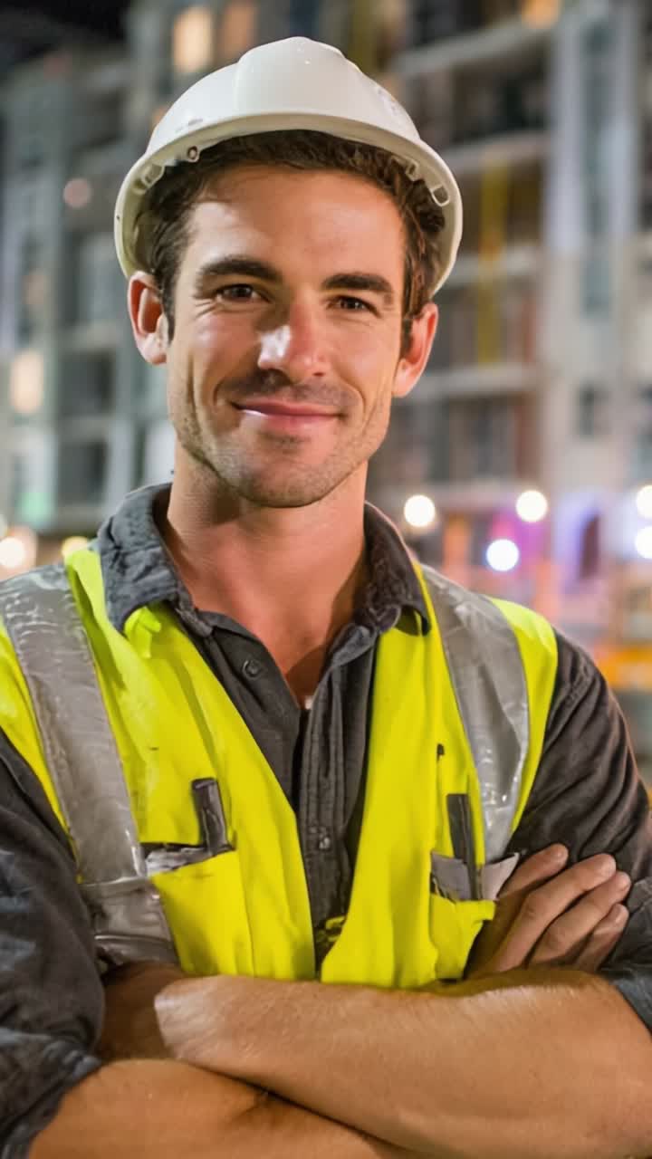 Operaio edile sicuro di sé sorridente con dispositivi di sicurezza di notte, che mostra un atteggiamento professionale e una forte presenza nel cantiere mentre supervisiona le operazioni