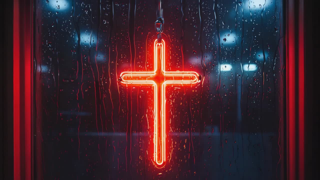 Illuminated red neon cross glowing behind rainy window glass, casting ethereal light through raindrops with blurred urban background creating profound spiritual atmosphere