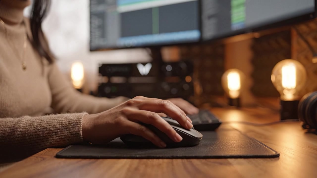 Un individuo concentrato che lavora con un mouse del computer su una scrivania circondata da illuminazione calda, dimostrando produttività e comfort moderni nel lavoro da casa.