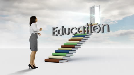 businesswoman looking at a word on stair made of books