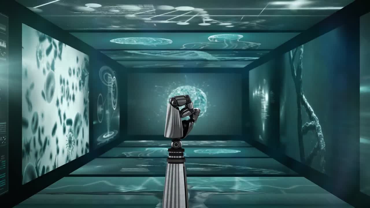 video generado digitalmente de la mano robótica y el procesamiento de datos médicos