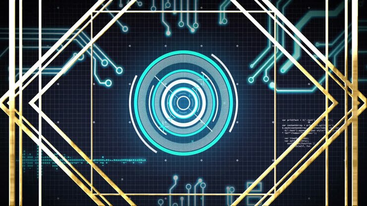 Digital circuit board and target animation over dark grid background