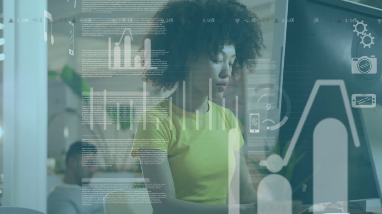 Woman writing note while icons floating then clicking mouse and typing for technology data analysis