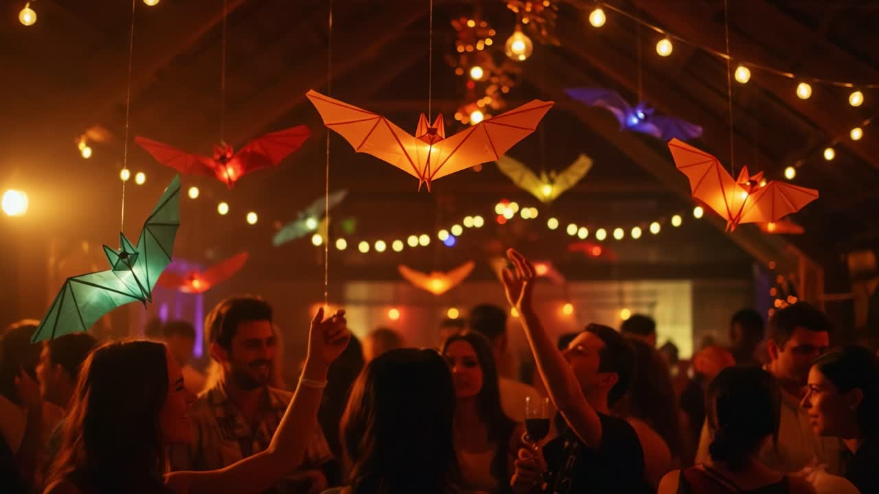 Un Raduno Vivace Sotto un Baldacchino Magico di Decorazioni Colorate a Forma di Pipistrello: Festeggiamenti in Pieno Svolgimento in una Celebrazione Gioiosa