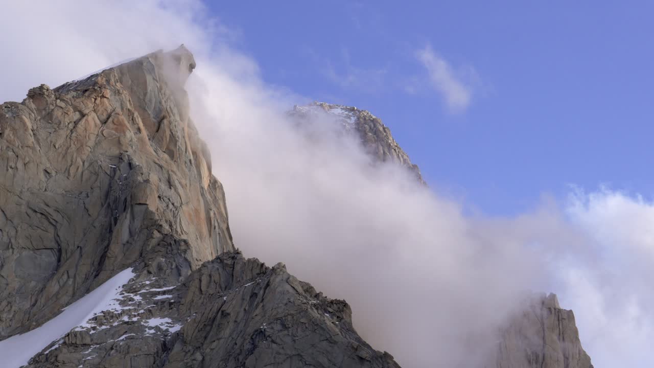 Close-up static view of the northwest face of Aguja Guillaumet with mount fitz roy behind, Patagonia, Argentina