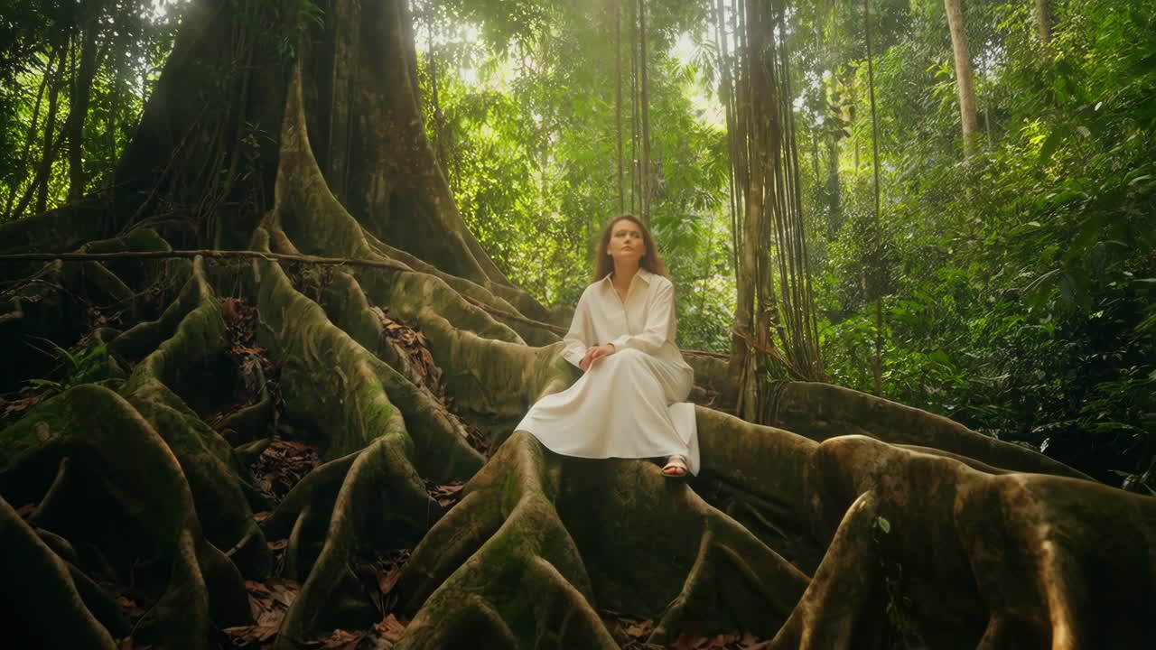 Donna seduta su antiche radici di alberi in una foresta tropicale