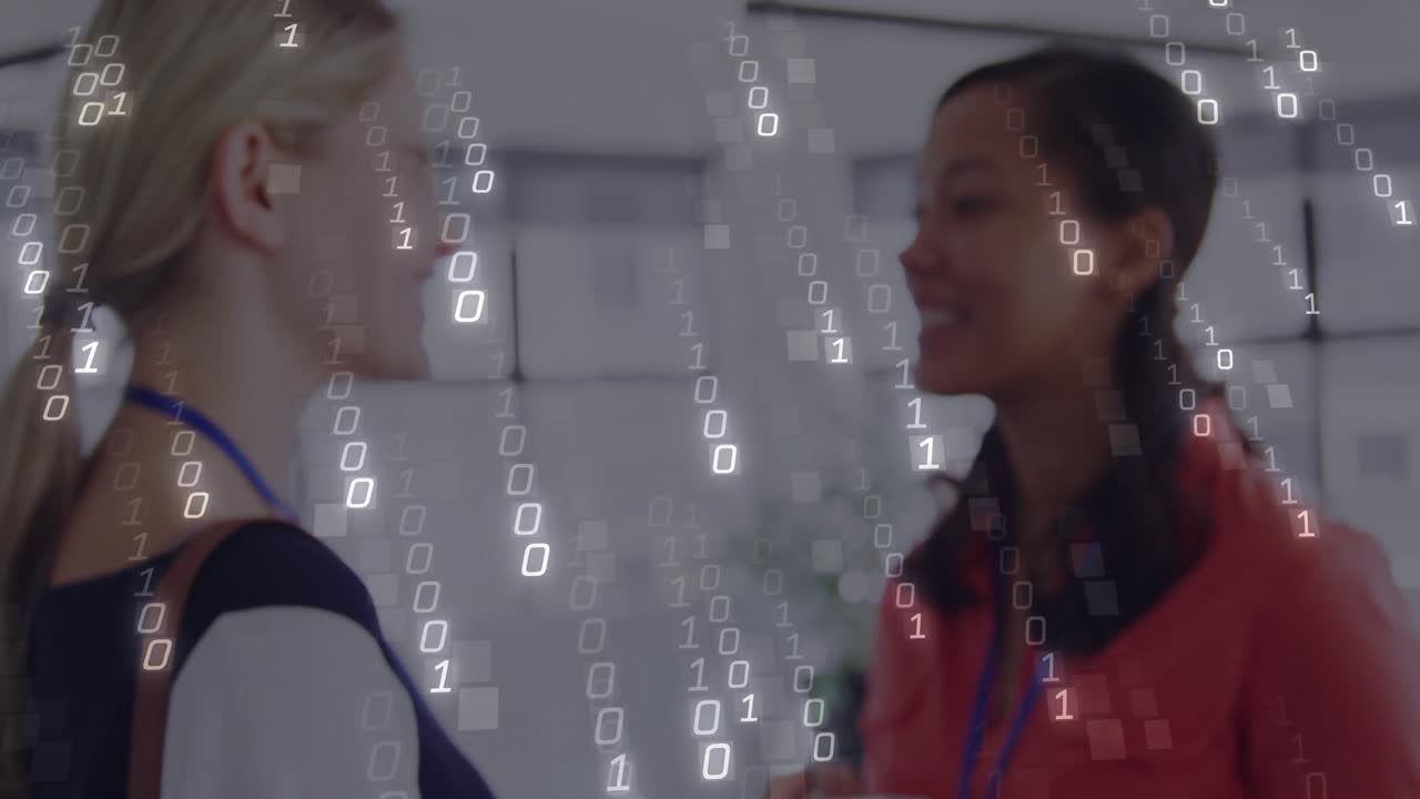 Two coworkers holding coffee while conversing as binary digits cascading showing business data flow
