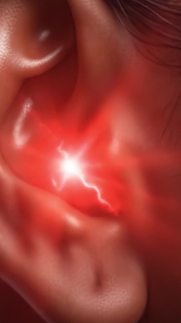 Un esame ravvicinato di un orecchio che evidenzia texture sottili e insolite pulsazioni rosse, a simboleggiare l'affascinante anatomia dell'orecchio e la connessione sensoriale