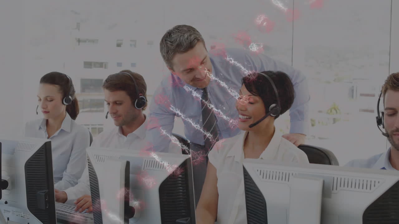 animación de cadena de adn sobre personas de negocios que llevan auriculares de teléfono