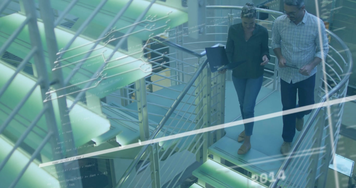 Business team stepping onto spiral stairs activating timeline descending and reviewing laptop data
