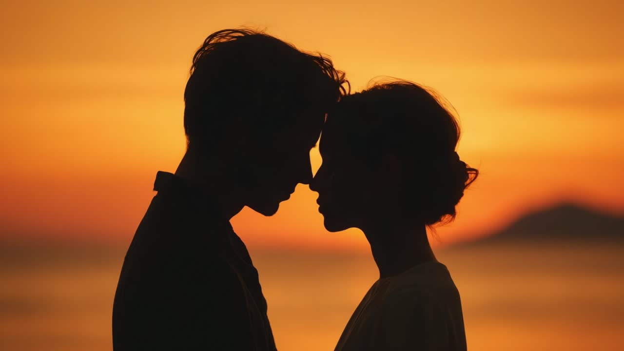 A Captivating Sunset Silhouette of Two People in Love, Their Faces Close Together as the Sun Sets Behind Them, Creating a Romantic and Dreamy Atmosphere