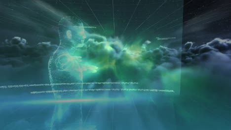 animation of data processing and digital human over clouds on black background