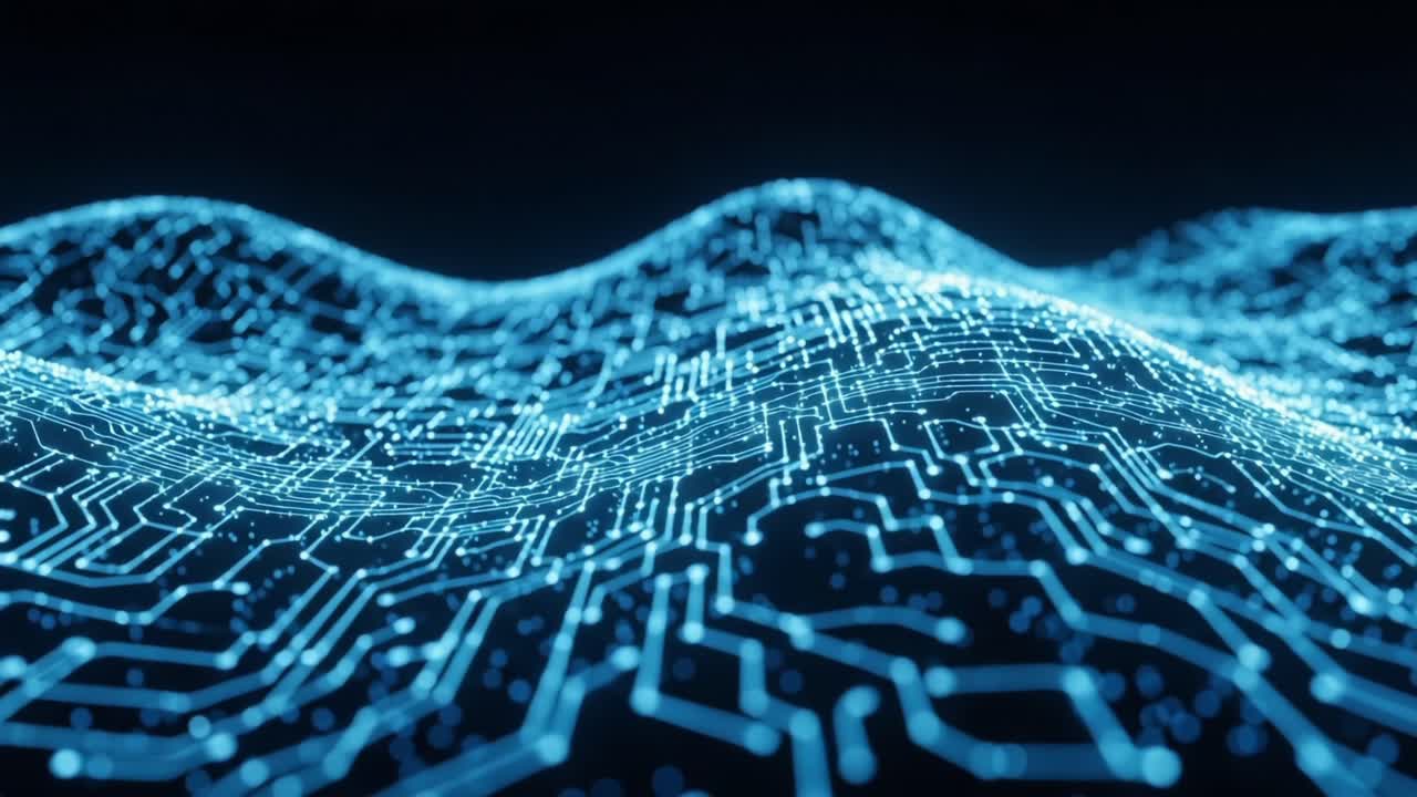 A Captivating Digital Landscape: Exploring the Intricate Patterns of Circuitry and Waves in a Blue-Toned Technological Terrain