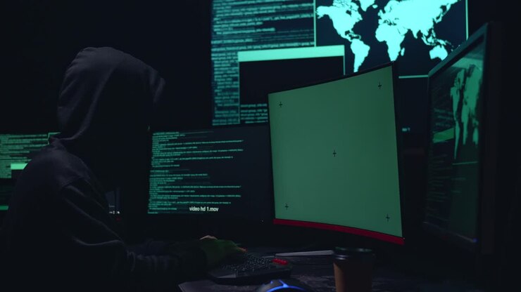Hacker che hackera con uno schermo verde mock-up isolato e codice su più schermi di computer