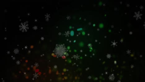 Schneeflocken-Und-Leuchtende-Lichtflecken,-Die-Vor-Schwarzem-Hintergrund-Fallen
