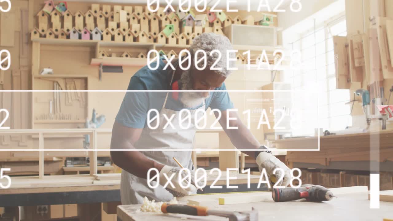 HUD graphics appearing and overlaying woodshop, craftsman measuring and marking board preparing cut