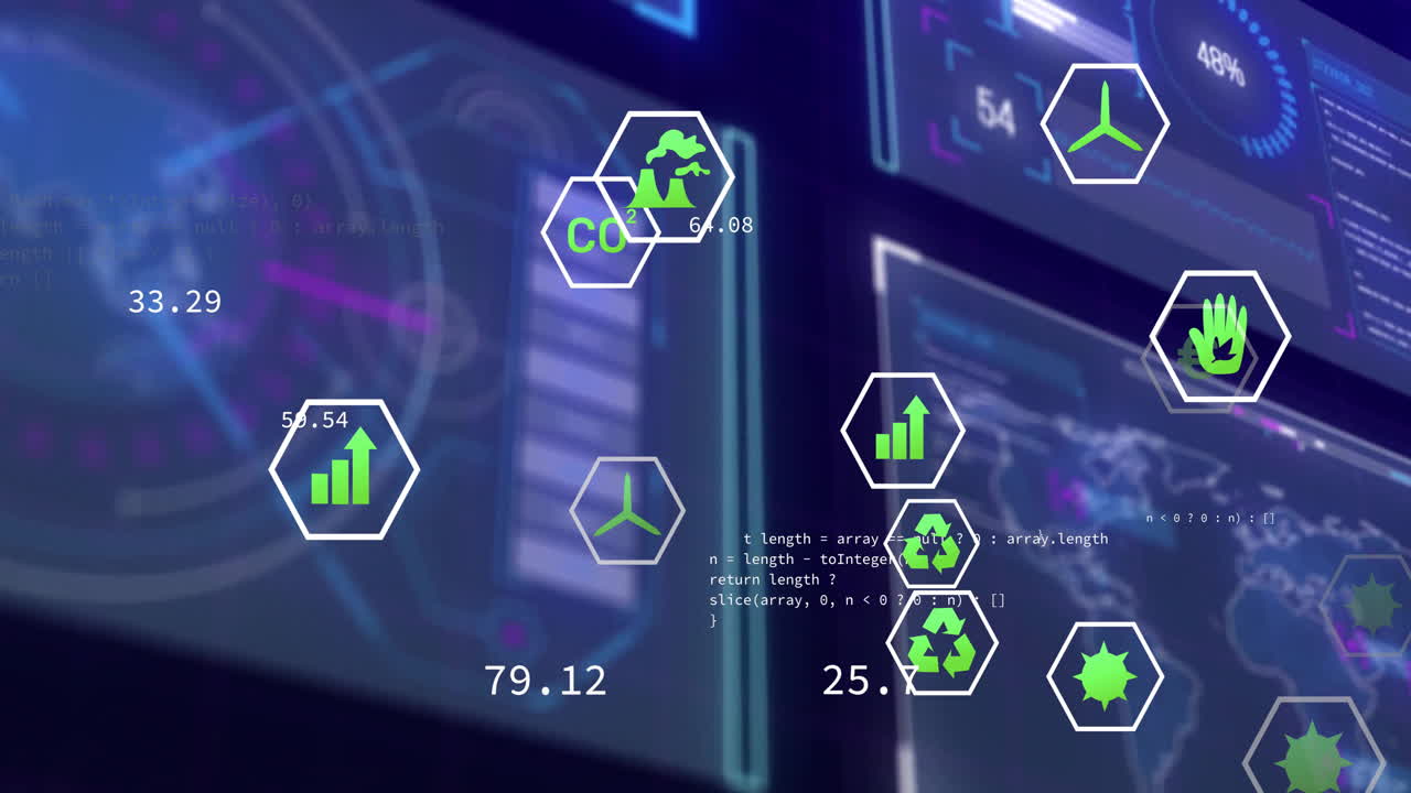 Animation of digital dashboard showing environmental data and sustainability icons in school