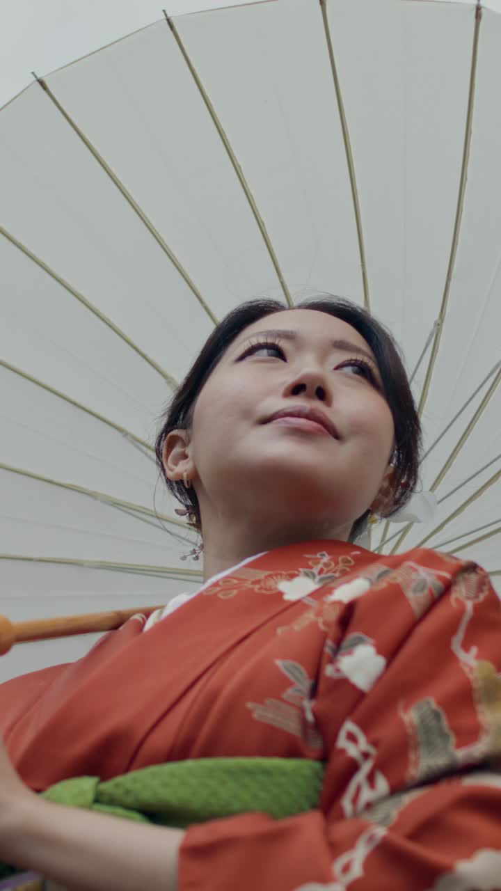 Woman in traditional Japanese Kimono under a white umbrella