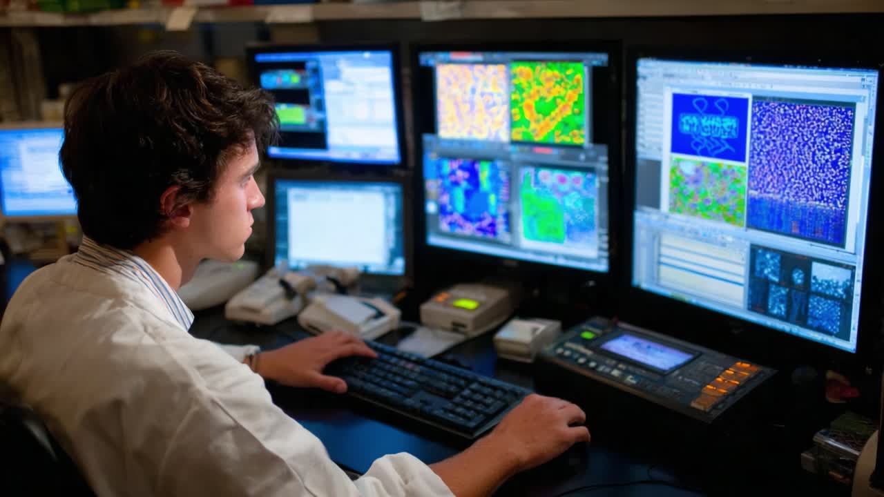Un ricercatore dedicato analizza complesse visualizzazioni di dati su monitor multipli, mettendo in mostra la profondità e la complessità della moderna indagine scientifica in un ambiente di laboratorio ad alta tecnologia.