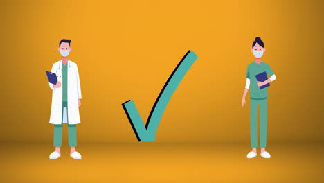 animación de dos médicos que usan máscaras faciales manteniendo la distancia social
