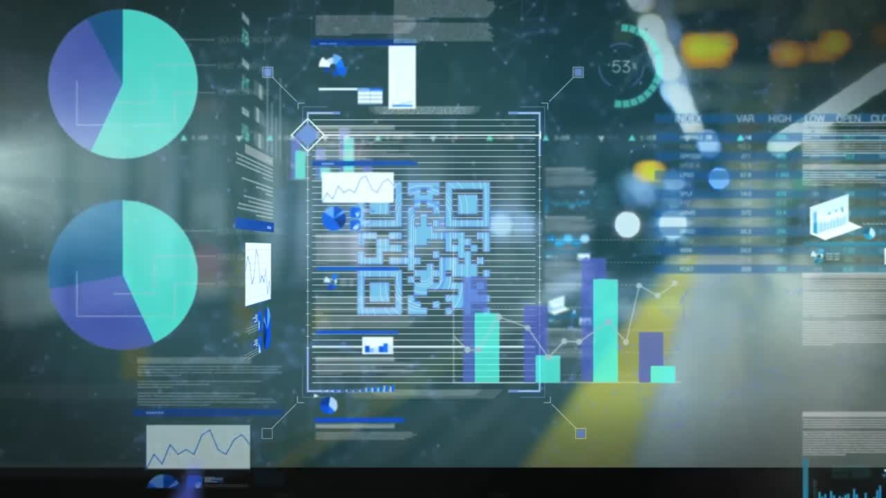 Animation of qr code with graphs and dots interconnecting with lines over subway station platform