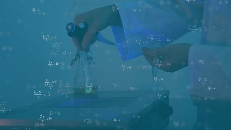 animation of mathematical formula over caucasian male scientist working in lab