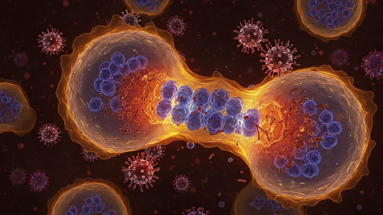 Detailed Representation of Cellular Division: An Artistic Visualization of Cellular Activity with Intense Coloration and Intricate Structures Displaying Mitosis in Action