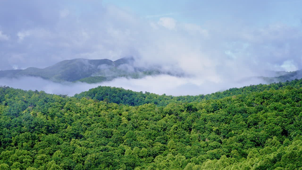 Smoky Mountains wrapped in fog, seen from an aerial perspective