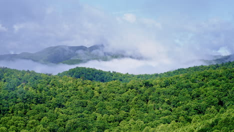 smoky mountains wrapped in fog, seen from an aerial perspective