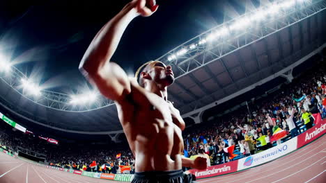 athlete celebrating victory at night sports event