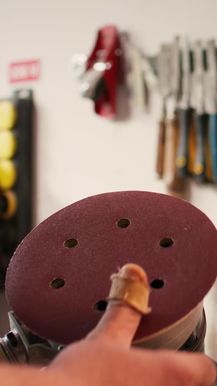 Close-up of Hand Attaching Sanding Disc to Orbital Sander