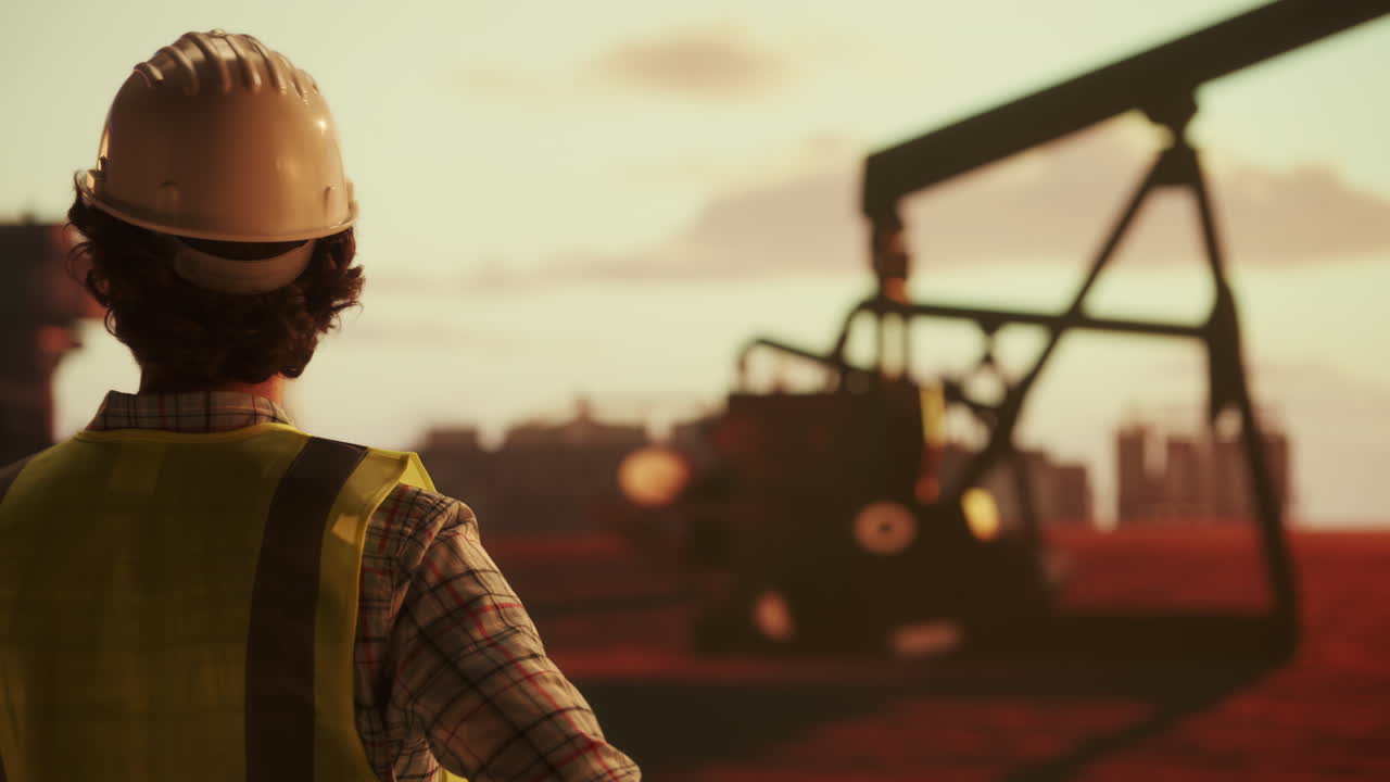 Oil Worker Overseeing Operations at an Oil Field at Sunset