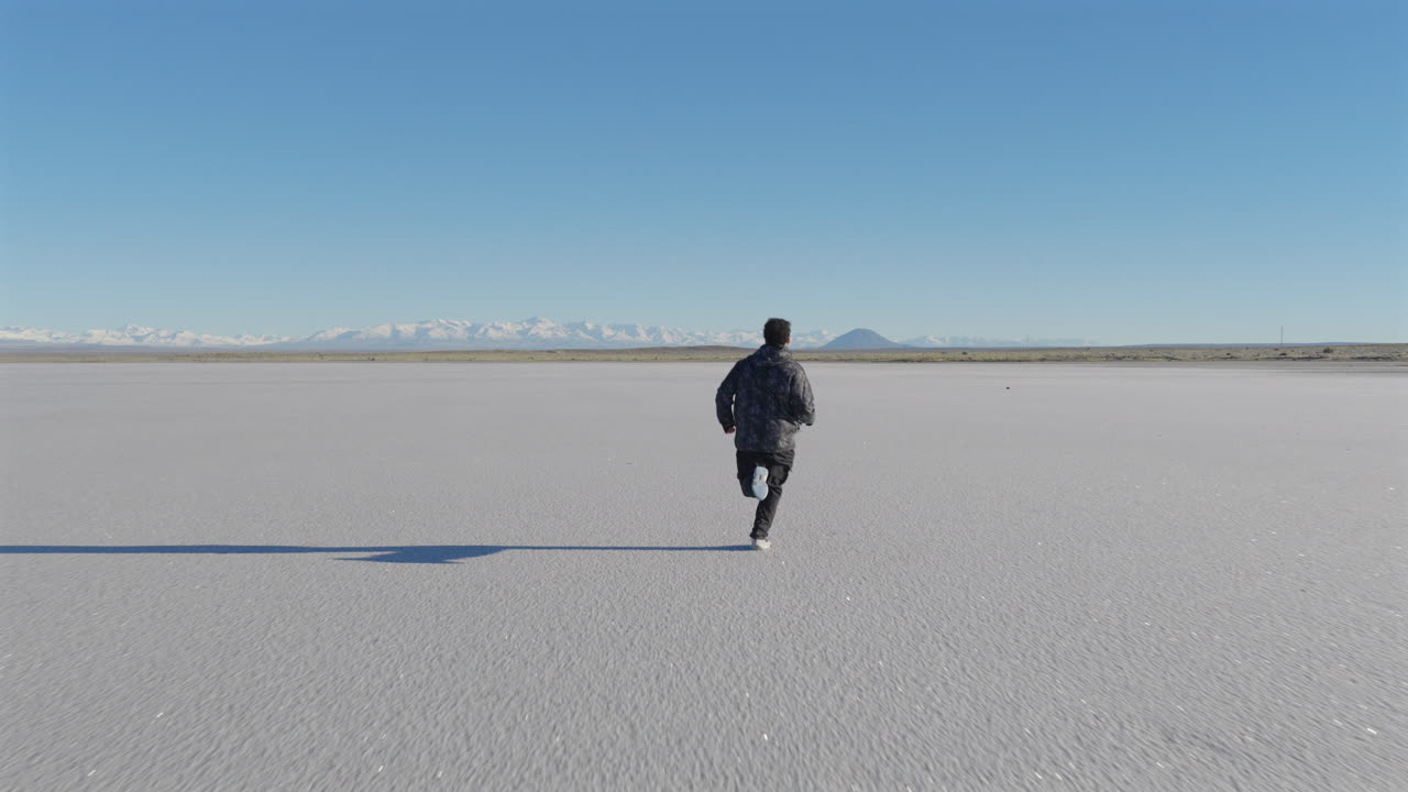 Aerial view of lone man runs toward horizon across expensive salt flat, freedom and determination, Mendoza, Argentina