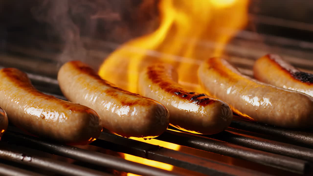 Sausages Grilling on a Barbecue with Flames