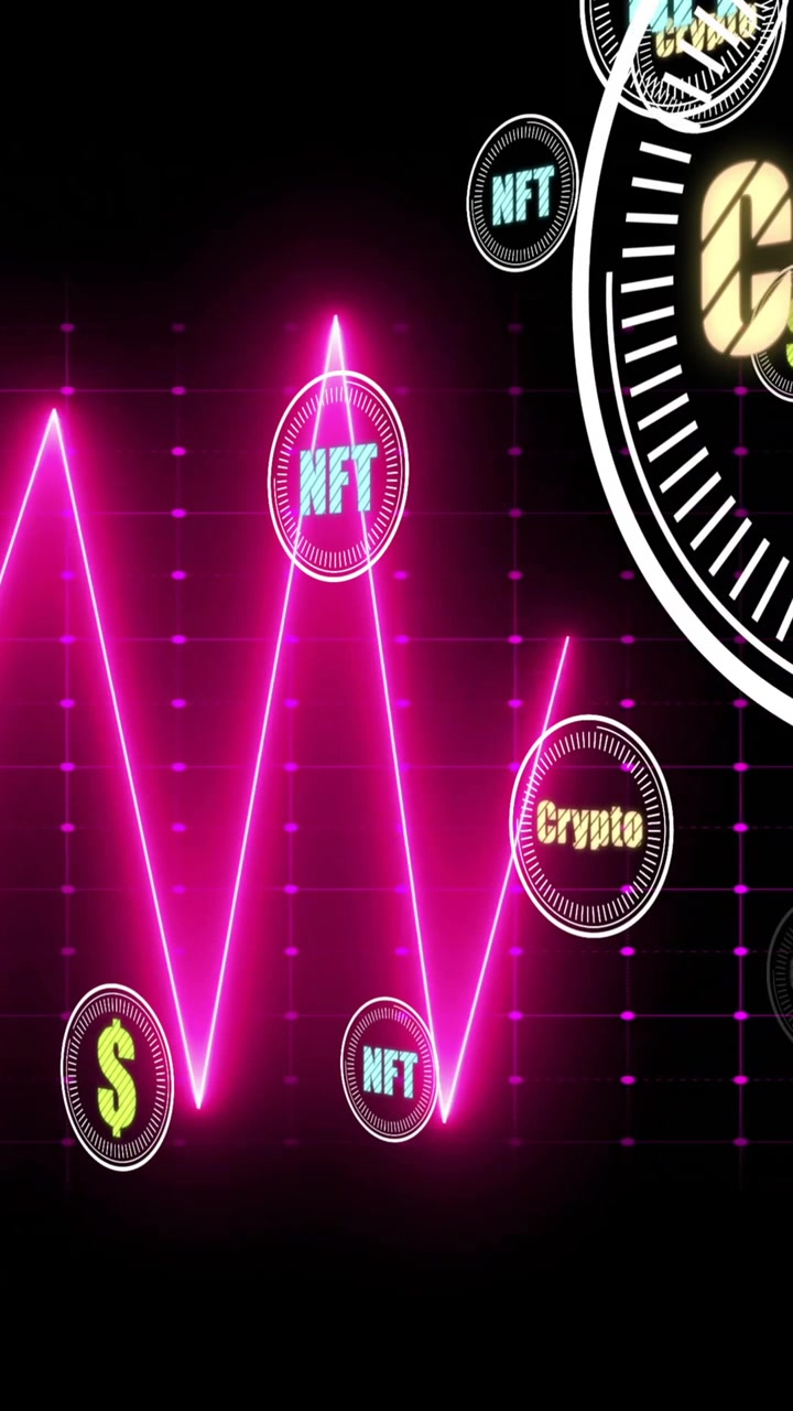 Animazione di simboli crypto e NFT su sfondo a griglia nera