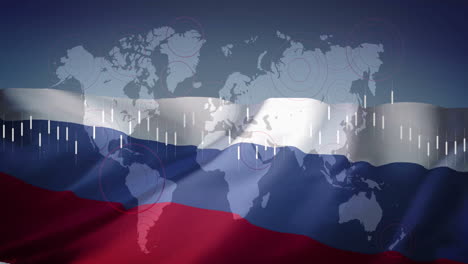 world map with data visualization animation over russian flag background