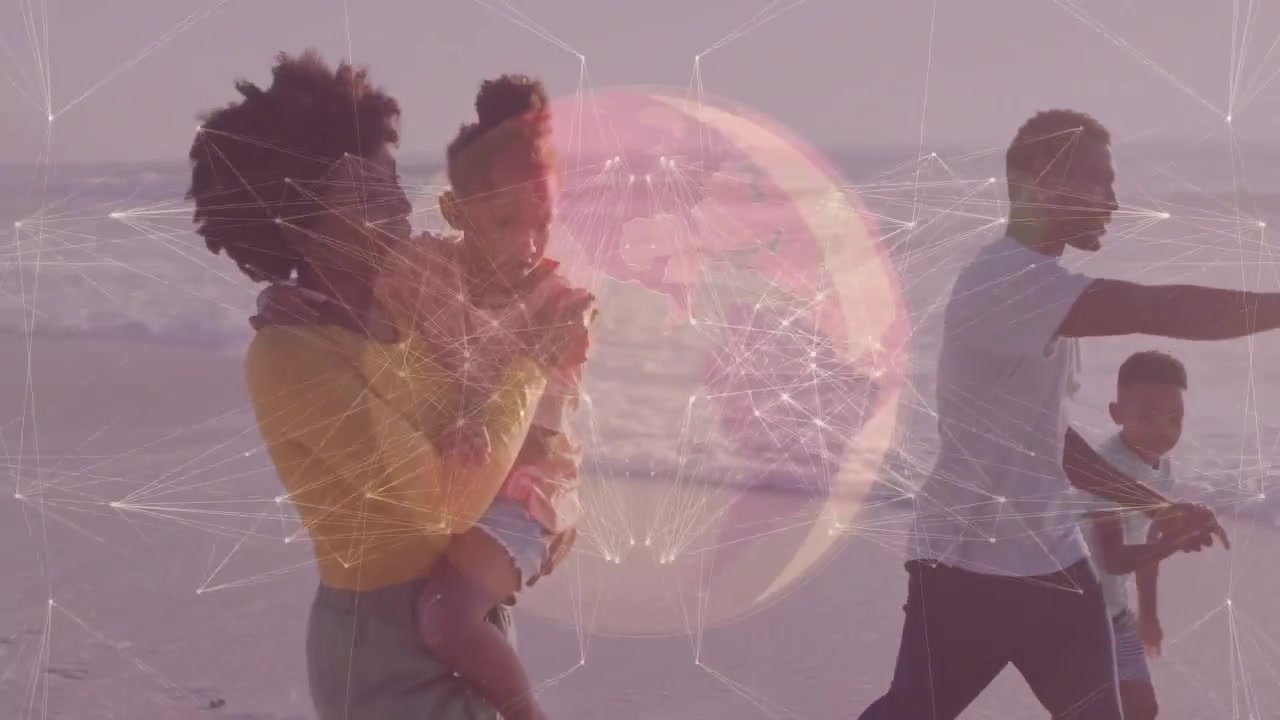 Famiglia che cammina sulla spiaggia, un uomo indica un'orbita pulsante che si trasforma in una rete a maglie, guidando i bambini verso la tecnologia.