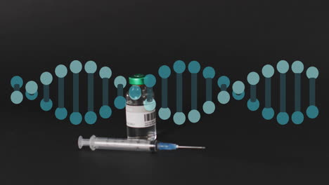 animation of dna strand over vial and syringe on black background