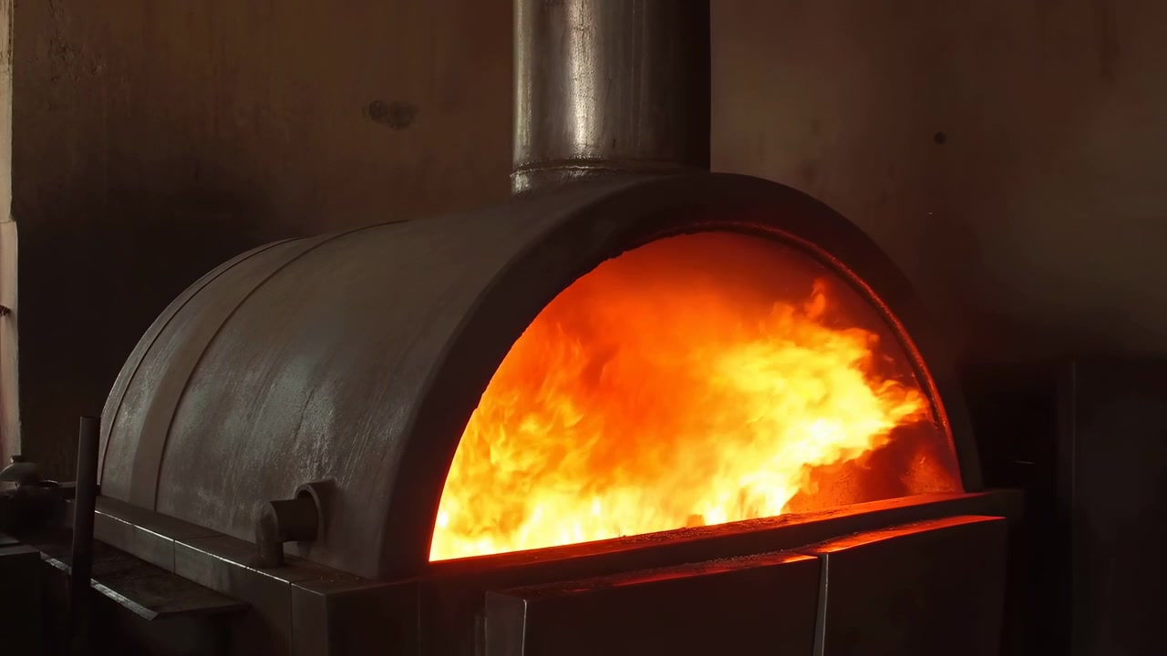 Fogo intenso em forno de tijolos dentro de padaria, chamas alaranjadas incandescentes lambem a cúpula de cerâmica, luz ambiente esfumaçada, carbonizado.