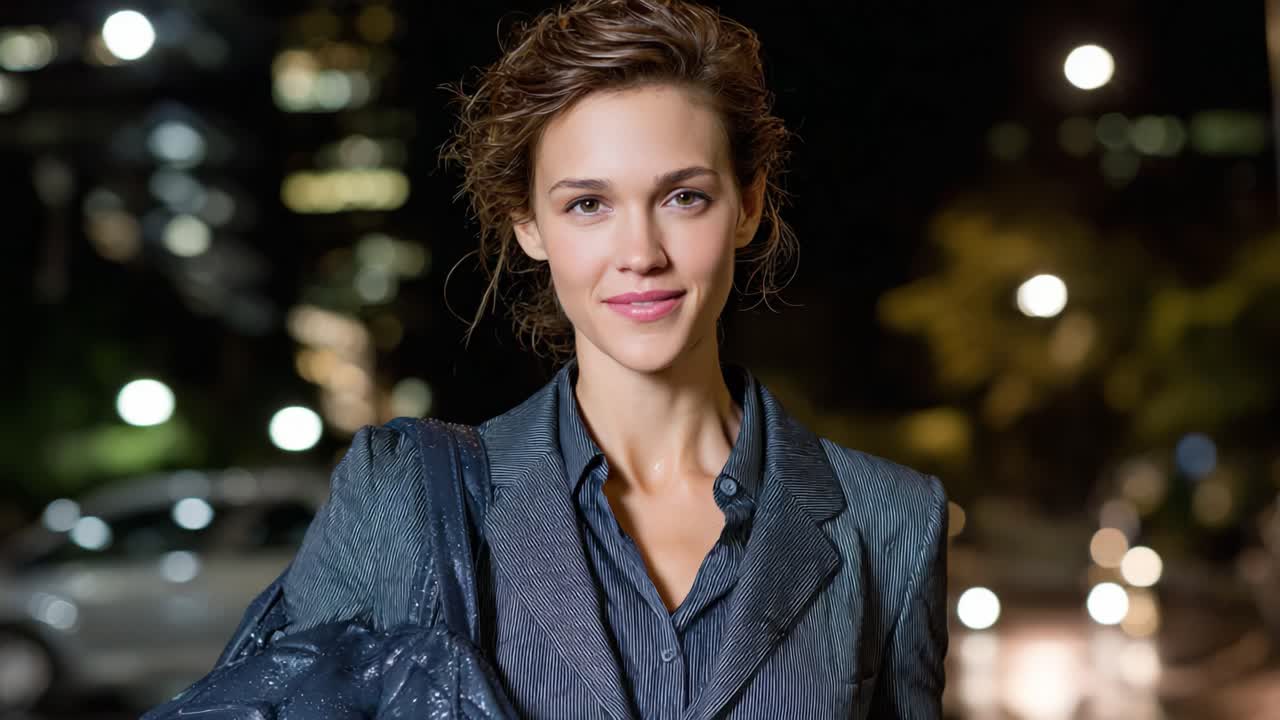 Captivating Portrait of a Confident Woman in Evening Wear Illuminated by City Lights, Showcasing Elegance Against a Nighttime Urban Backdrop