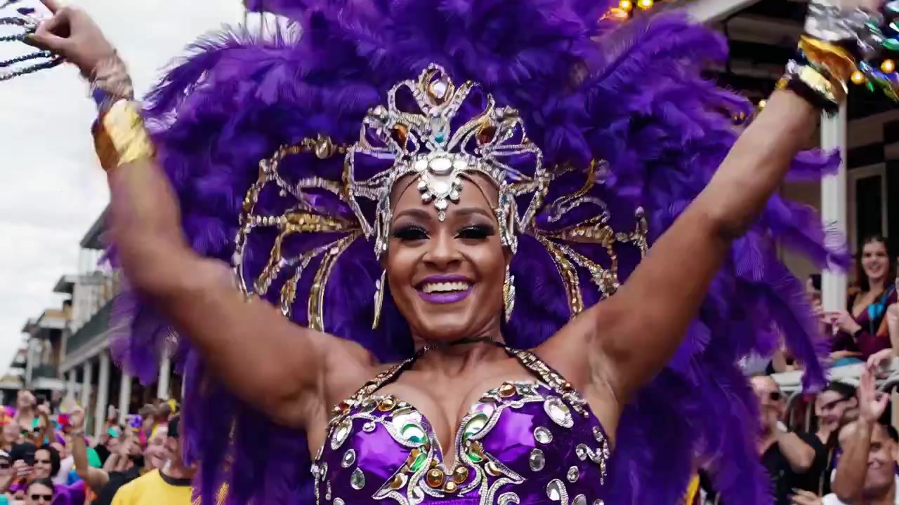 Samba Dancer Performing in Purple Costume at Mardi Gras Parade