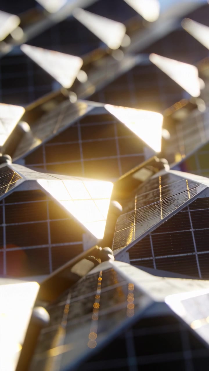 Video verticale: Telecamera che panoramica rivelando un array di celle fotovoltaiche sfaccettate su una base a griglia scura, mostrando il bagliore del sole