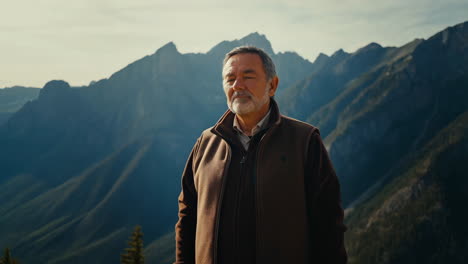 a mature man stands against a backdrop of majestic mountains